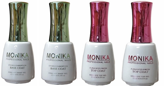 MONIKA Professional - UV/LED Soak off Gel 2 (No-Wipe) TOP COAT & 2 BASE COAT -  0.5 fl.oz/15mL