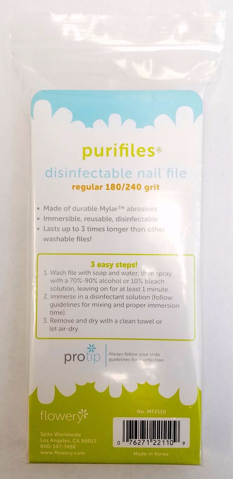 Pack of 20 Flowery Purifiles Disinfectable  REGULAR Nail File - Choose Your Grit