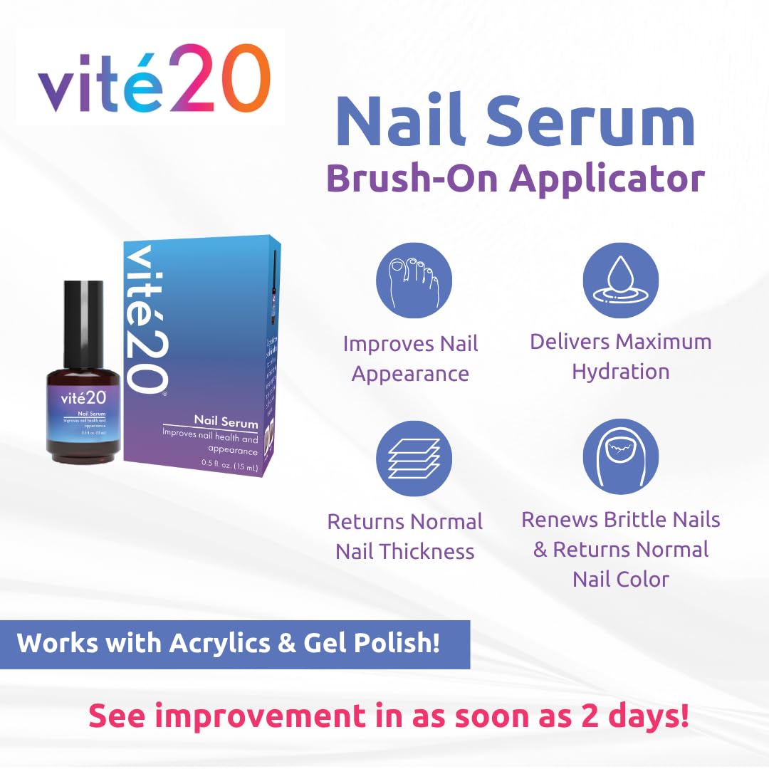 VITÉ20 Nail Health Serum – Improves Nail Appearance for Discoloration, Thick, Brittle & Cracking Nails – Moisturizes & Conditions – Easy Brush-On Applicator for Fingernails & Toenails – 0.5 fl oz- Choose Your Package